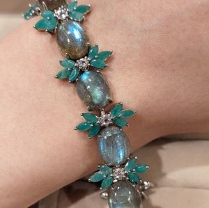 Genuine Labradorite, emerald, and white zircon bracelet. Rhodium plated silver.